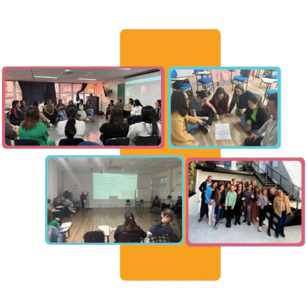 Professores e estudantes participam de atividades práticas e rodas de conversa durante as aulas presenciais do curso de Educação Infantil na Perspectiva Pikleriana, promovendo reflexão e troca de experiências sobre o cuidado e a observação das crianças.