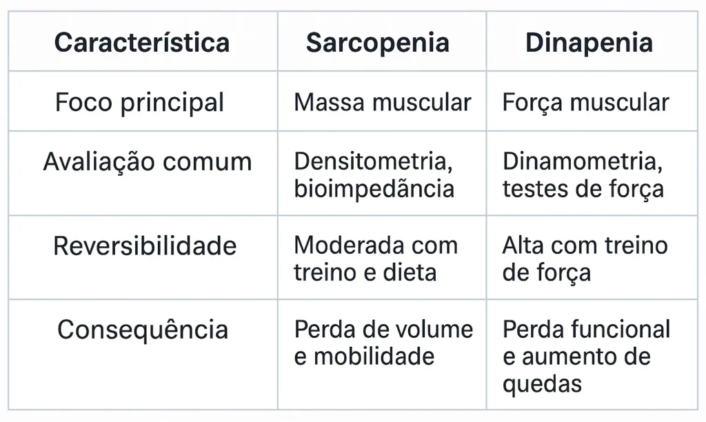 Tabela comparativa entre sarcopenia e dinapenia, destacando foco principal, formas de avaliação, reversibilidade e consequências funcionais.