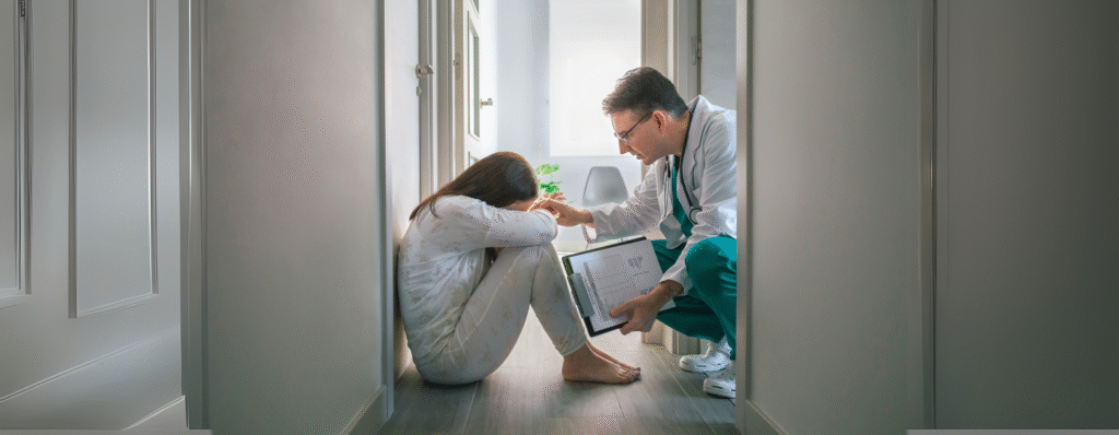 Profissional de saúde acolhe mulher em sofrimento emocional no corredor; cena ilustra o reconhecimento de sinais de alerta e a importância de buscar ajuda.