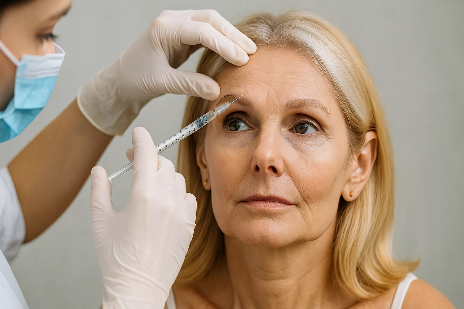 Aplicação clínica de botox prevenção de rugas na região frontal