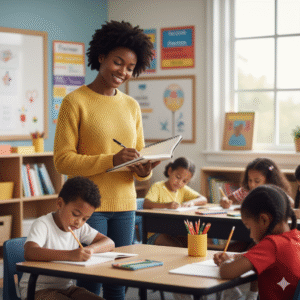 Lei 15.220 para a primeira infância em destaque com educadora analisando dados da Educação Infantil