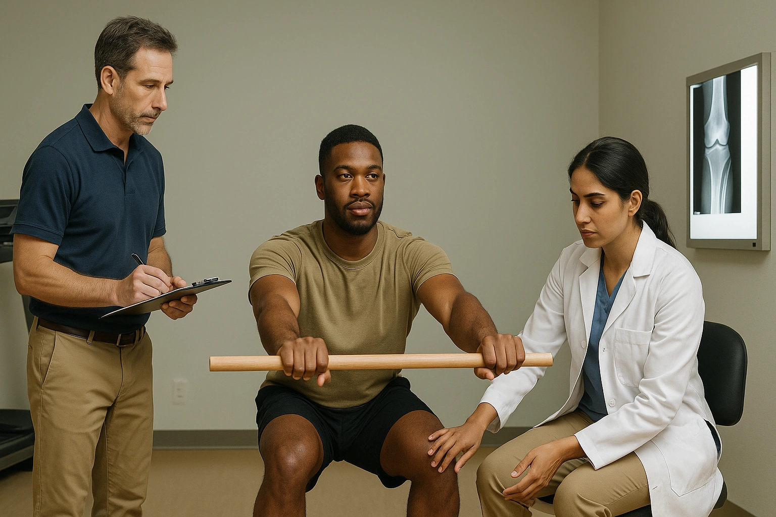 Equipe alinhada em medicina esportiva e ortopedia para prevenção e reabilitação