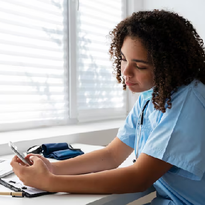 [Imagem de Especialista em saúde analisando dados clínicos em ambiente digital]