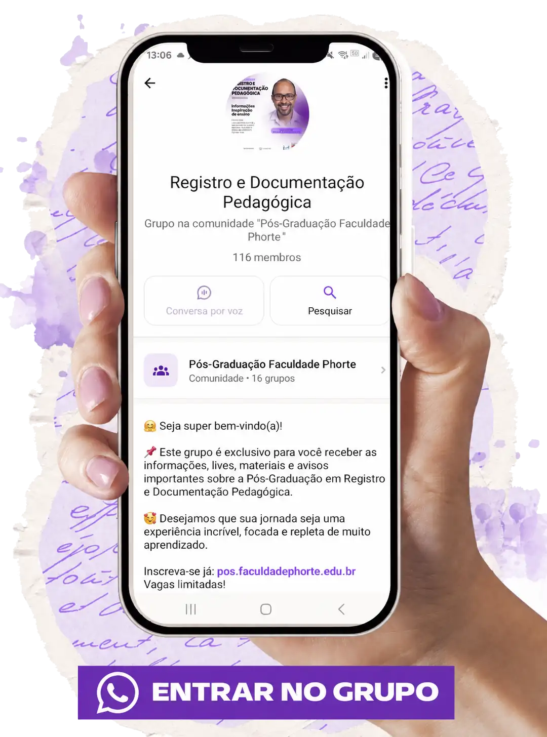 Celular com a comunidade de Registro e Documentação Pedagógica no WhatsApp.