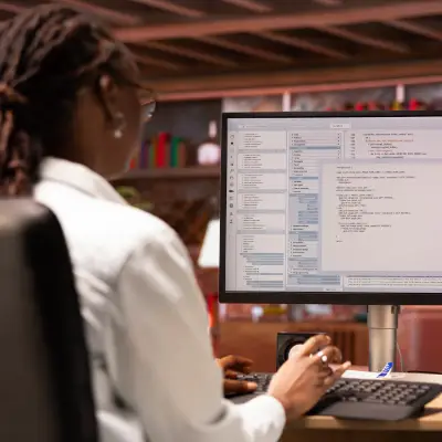 Profissional revisando interface e conteúdo digital em processo de localização