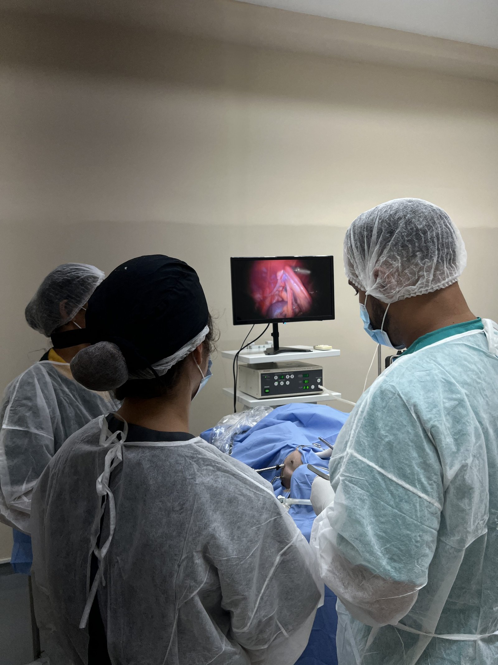 Equipe cirúrgica acompanha no monitor uma videocirurgia em andamento