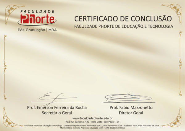 Certificado de Conclusão da Faculdade Phorte de Educação e Tecnologia