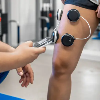 Profissional aplicando eletroestimulação muscular EMS na região da coxa