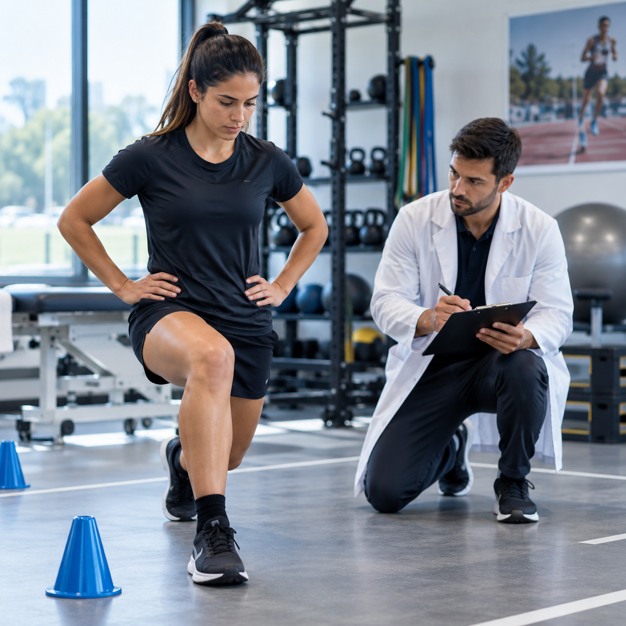 Profissional analisando movimento durante avaliação biomecânica aplicada à Medicina do Esporte