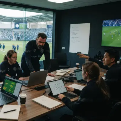 Comissão técnica analisando desempenho de jogadores com notebooks e dados de futebol
