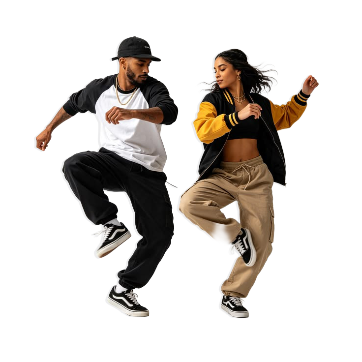 Dupla de dançarinos em movimento, estilo urbano/hip hop