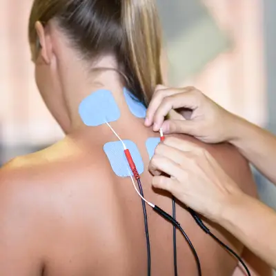 Profissional posicionando eletrodos para aplicação de eletroestimulação muscular