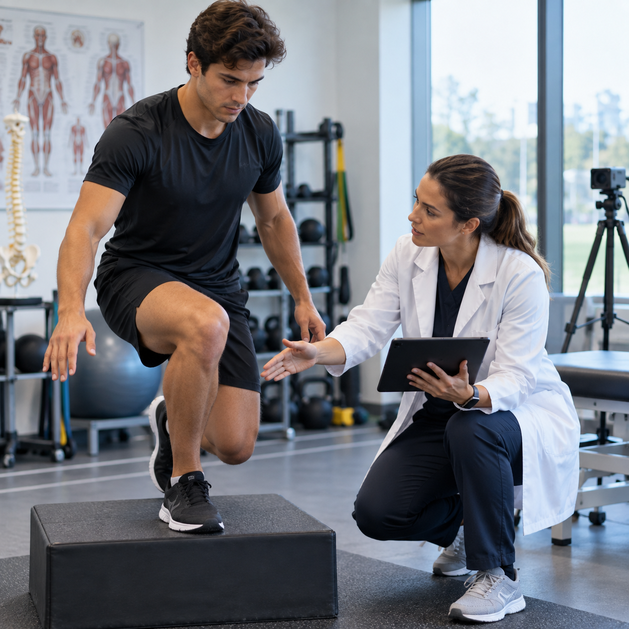 Profissional da saúde realizando avaliação clínica em atleta no contexto da Medicina do Esporte